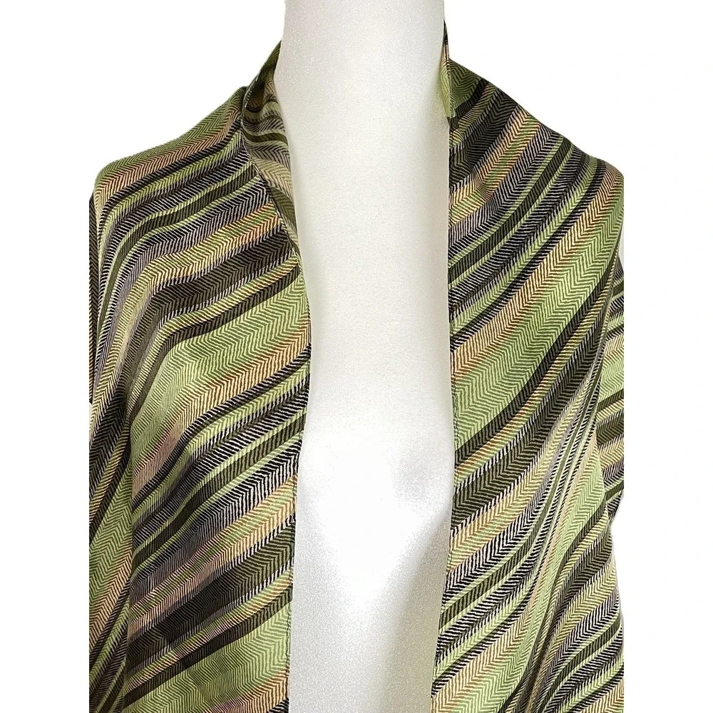 Echo Silk Scarf Green Tan Black Chevron Herringbone Striped Rectangular Wrap‎